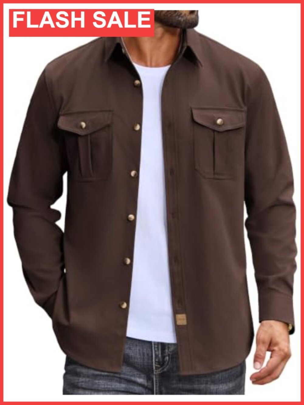 Men's Long Sleeve Button Down Lightweight Shirt Jacket with Pockets